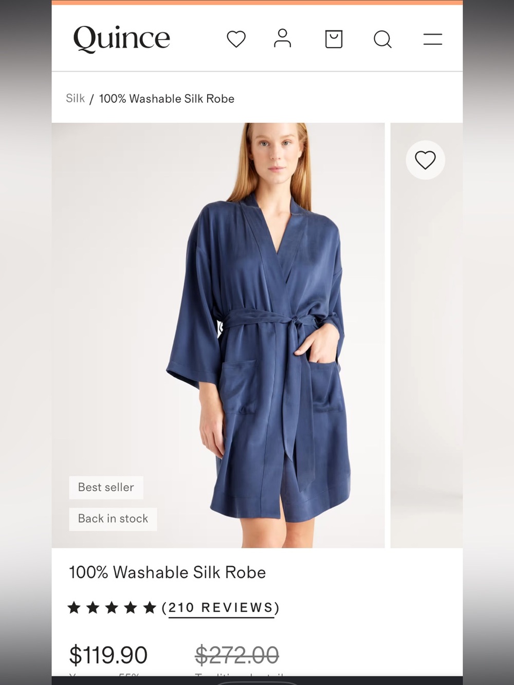 Quince Navy 100% Silk Below Knee Length Robe size Large Quiet Luxury